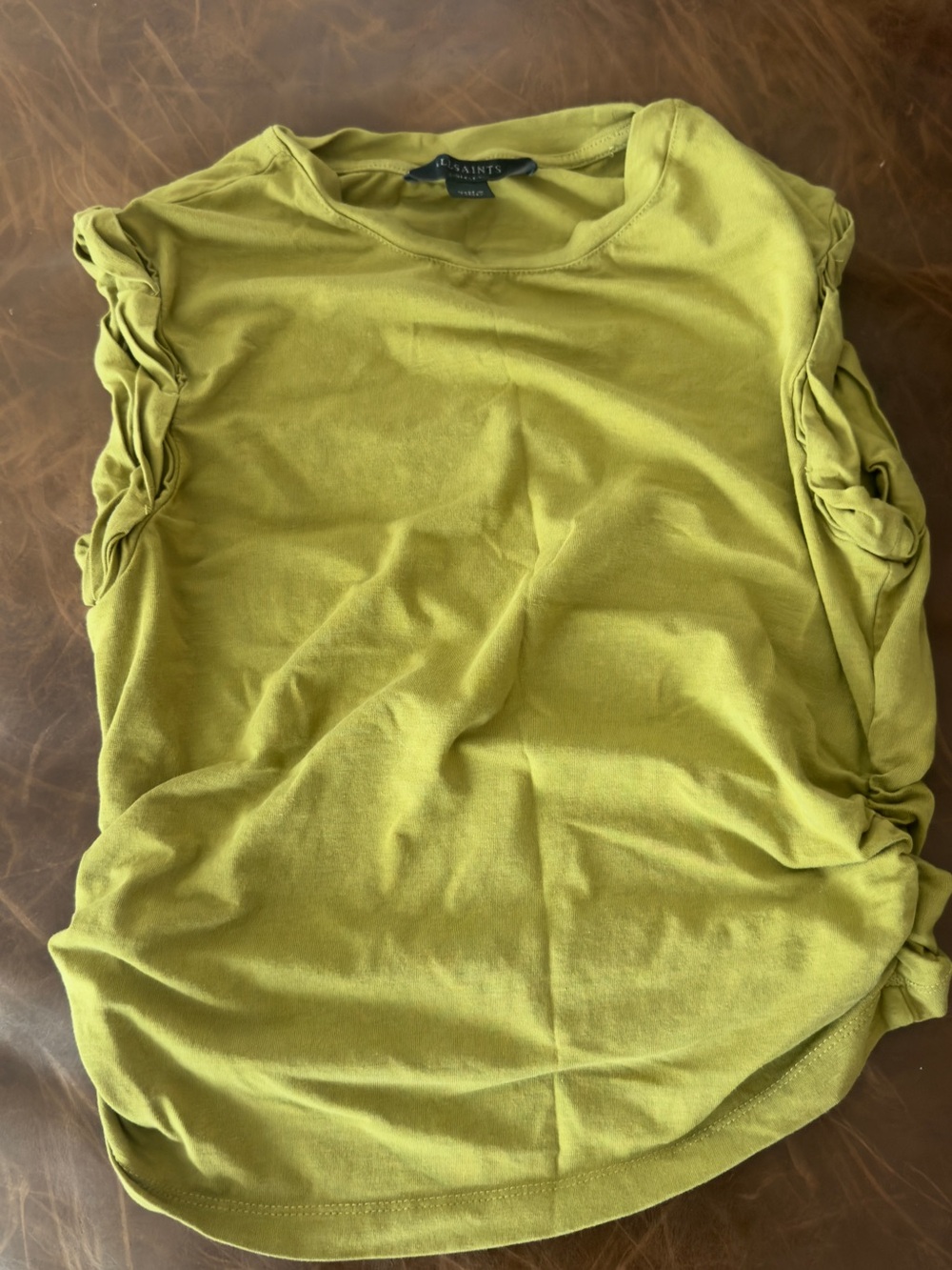 AllSaints Olive Green Ruched Sleeve Tee Top XS